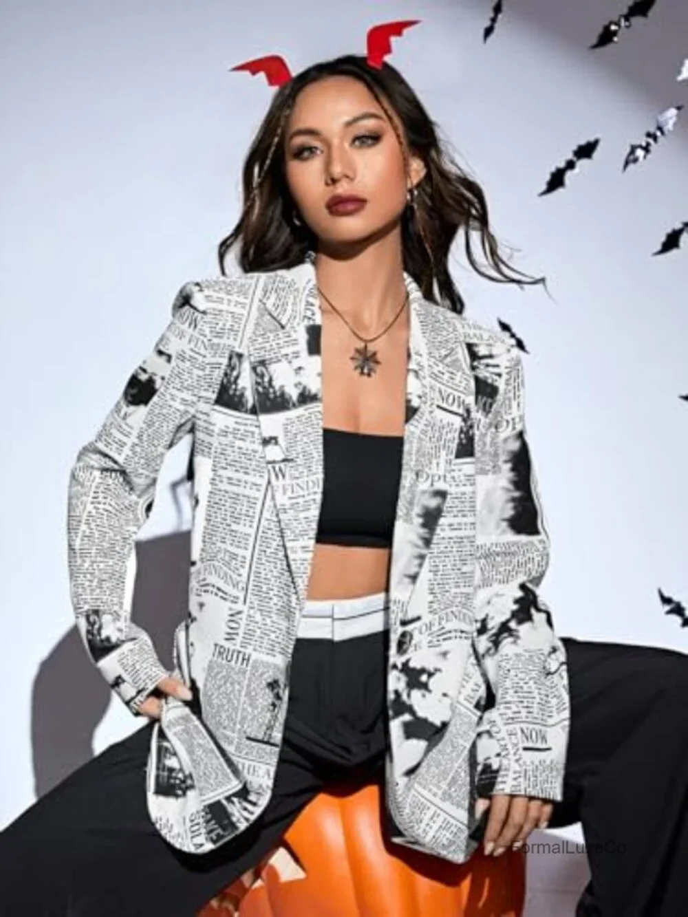 Newspaper Print Blazer with Notch Collar Long Sleeve Work Office Jacket